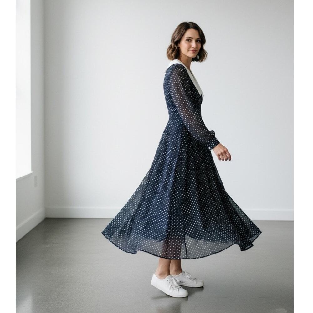 Rihoas Polka Dot Midi Dress Medium Peter Pan Puritan Collar Navy Blue White - Picture 2 of 9